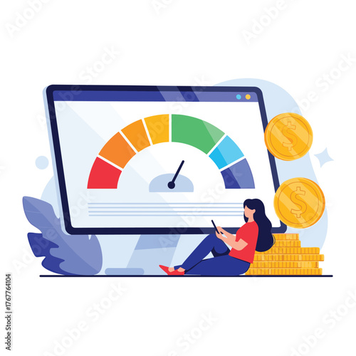 A person reviews their financial performance visualized as a colorful gauge on a desktop screen, surrounded by coins.