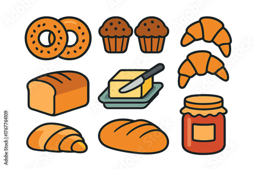 Collection of classic breakfast and bakery items: bread, muffins, croissants, and spreads