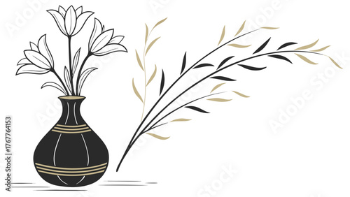 Matte Black Vase with Golden Metallic Stems — Luxury Contrast Vector Art