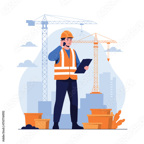 A construction foreman in a safety vest and hard hat talks on the phone and reviews plans on a clipboard at a busy building site.