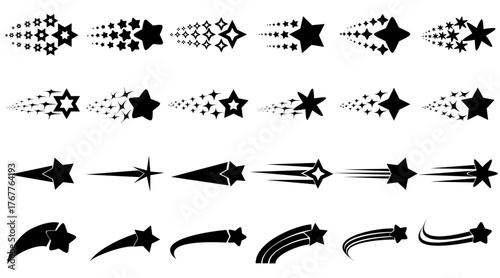 24 sets of imaginary images of shooting stars, isolated on white background, vector