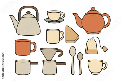 Kitchen utensils and containers for brewing and serving tea and coffee