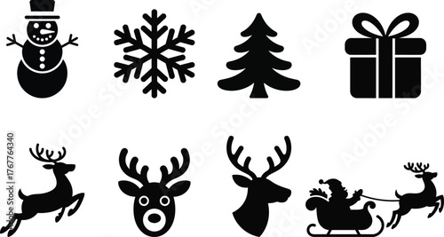 Collection of christmas icons snowman snowflake tree gift deer sleigh santa claus