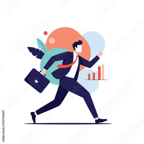 A determined businessman in a suit and tie runs forward with a briefcase, symbolizing progress, growth, and the fast-paced nature of modern business.