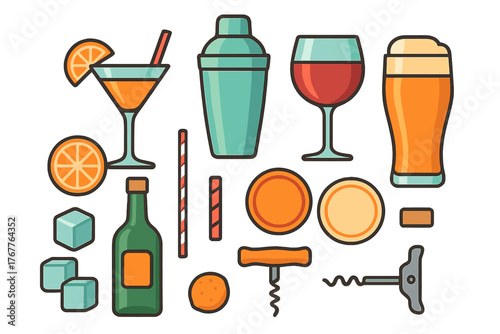 Colorful set of bar accessories and drinkware including cocktail shaker wine glass and beer mug
