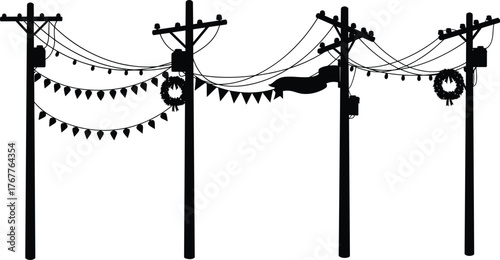 Silhouettes of utility poles with festive decorations, pennant banners, wreaths, ribbons, power lines, holiday celebration, urban infrastructure, electricity distribution artwork