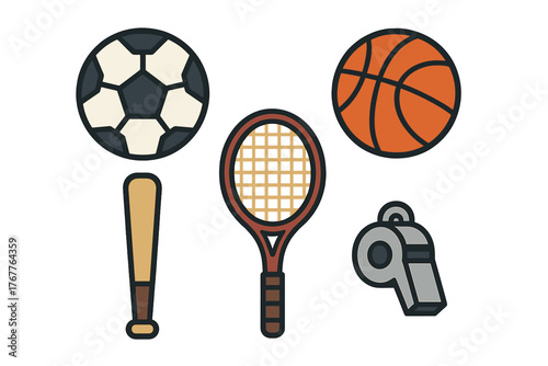 Set of essential sports equipment including balls, racket, bat, and referee whistle
