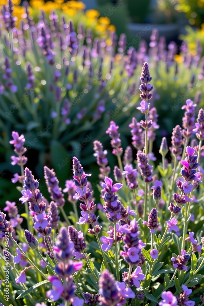 Fototapeta premium Blooming Lavender Garden Bed Sunlit Natural Light