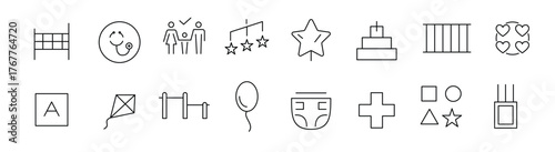 Child care line icon set. Care, support, safety, baby, awareness, parenthood, international children day, kid rights, parenthood outline icon collection. vector