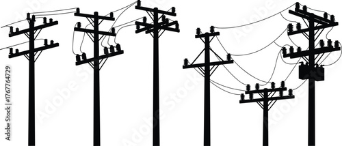 Silhouetted utility poles with power lines, electrical distribution network, crossarms and insulators, transformer box, infrastructure design, engineering illustration, energy transmission