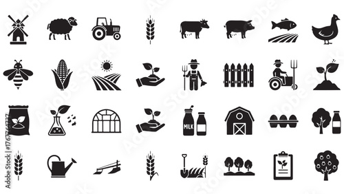 Farming and Agriculture Glyph Icon Set, Vector Pictograms of Tractor, Barn, Greenhouse, Livestock, Wheat, Crop Cultivation, Sustainable Farm, Black Silhouette Illustration