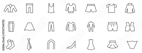Clothing and fashion line icon set. Jacket, winter coat, sweatshirt, hoody, pullover, bathsuit, evening dress, cardigan, hanger and other apparel outline icon collection. UI thin outline icon set.