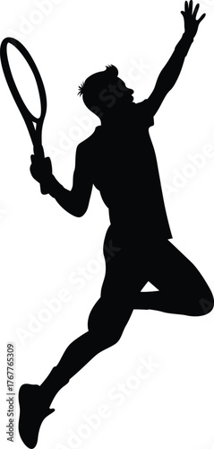 Dynamic silhouette of a tennis player in mid air executing a powerful serve during a match