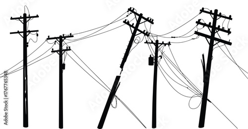Silhouettes of damaged utility poles with broken wires, leaning structures, electrical infrastructure failure, disaster impact, urban energy distribution, engineering concept artwork