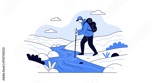 Adventurous Traveler Hiking Across River Using Stick During Outdoors Adventure