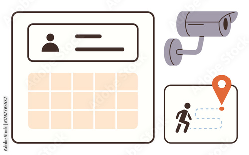 Identification card with user profile, security camera for monitoring, and navigational path with location marker. Ideal for security, tracking, privacy, digital identity, data protection