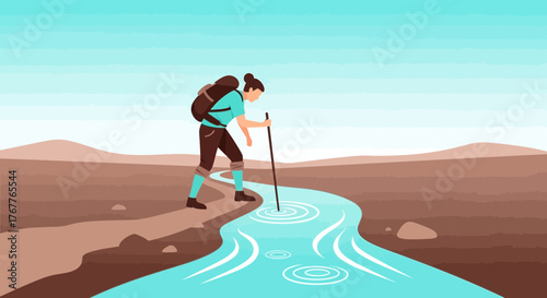 Adventurous Traveler Hiking Across River with Backpack and Hiking Stick at Sunset
