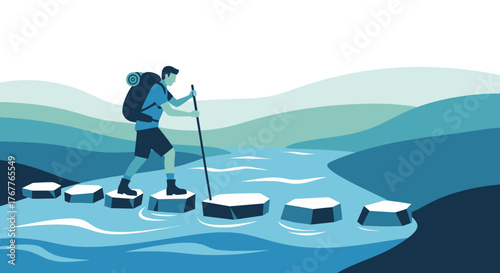 Adventurous Traveler Hiking Across River, Representing Bravery and Courageous Journeys