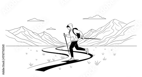 Adventurous Traveler Hiking Through Serene Mountains Along a Winding Path