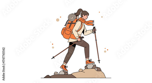 Adventurous Woman Hiking Uphill with Backpack and Trekking Poles Depicted in Illustration