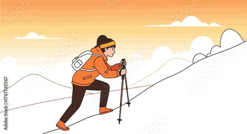 Adventurous Woman Hiking Uphill With Backpack At Golden Sky During Sunset