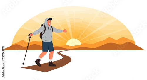 Adventurous Traveler Hiking Towards Sunset Over Serene Landscape With Enthusiasm and Glee