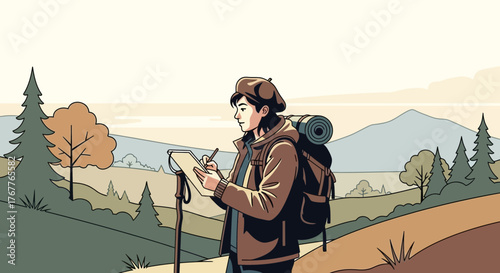 Adventurous Traveler in Nature Documenting Experiences on Scenic Trails