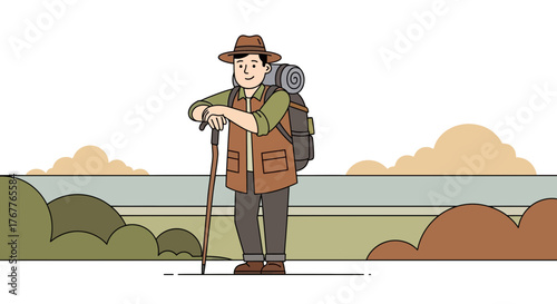 Adventurous Traveler in Nature Landscape Preparing for Hiking and Mountain Climbing Trip