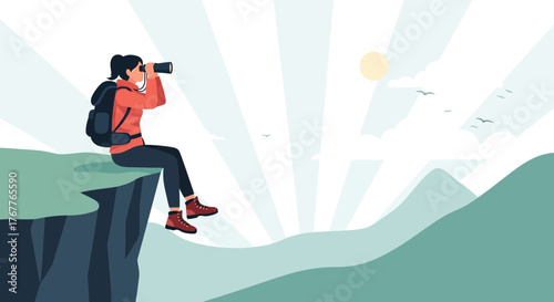 Adventurous Woman Leveraging Binoculars While Perched on a Mountain's Edge at Sunrise