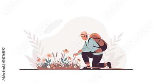 Adventurous Traveler Inspecting Floral Growth Amidst Nature's Embrace With Backpack