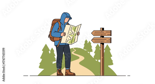 Adventurous Traveler Inspecting a Trail Map Near Guidance Sign on a Hiking Excursion