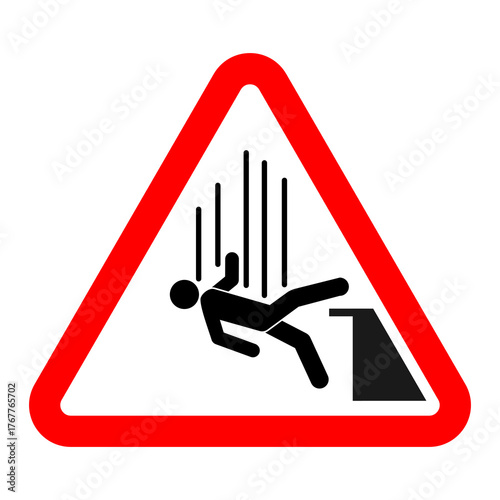 Caution Drop Hazard Warning Sign, Man Falling from Height Safety Symbol, Red Triangle Trip and Fall Risk Icon