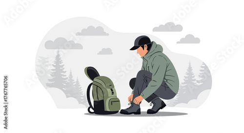 Adventurous Traveler Preparing For Expedition In Rocky Terrain Before New Adventures Begin