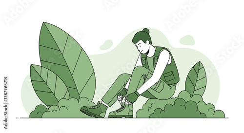 Adventurous Traveler Preparing For Expedition In Natural Environment Illustration