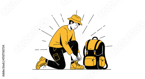 Adventurous Traveler Preparing For Expedition With A Backpack And Boots Ready