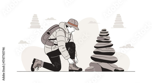 Adventurous Traveler Preparing For Expedition With Stacked Stones And Backpack Minimalist