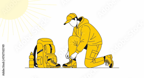 Adventurous Traveler Preparing For Expedition, Hiking Boots Laced And Ready For Adventure