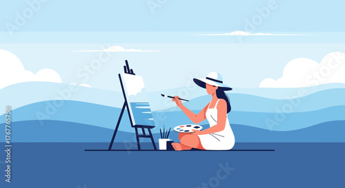 Artist Painting on Canvas, Sitting Outdoors in a Coastal Environment Creating Art