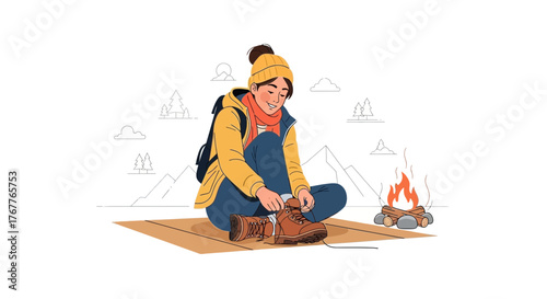 Adventurous Traveler Preparing For Hiking Expedition Near The Mountains and The Campfire