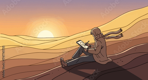 Artist Sketches During Sunset Capturing Serene Moments with Warm Hues and Calm Thoughts