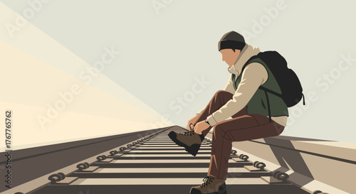 Adventurous Traveler Preparing For Hike On Train Tracks Under The Sunlight