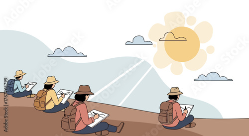 Artists Sketching Landscape Outdoors Under The Warm Sun With Backpacks And Hats