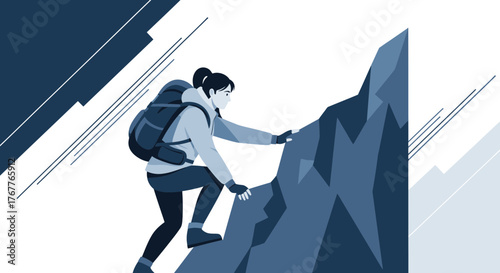 Adventurous Woman Climbing Mountain Peak Seeking For Ultimate Achievement In The Outdoors