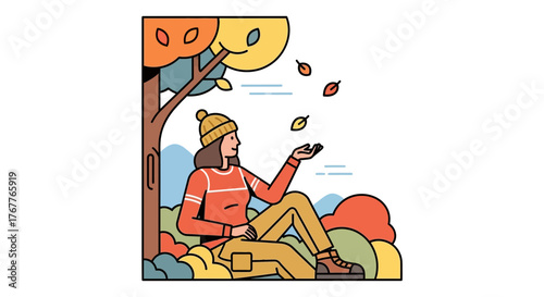 Autumn Tranquility: Woman Enjoying Falling Leaves Beneath A Colorful Trees Canopy