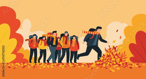 Autumnal Adventure: A Group Of Travelers Exploring the Colorful Forest