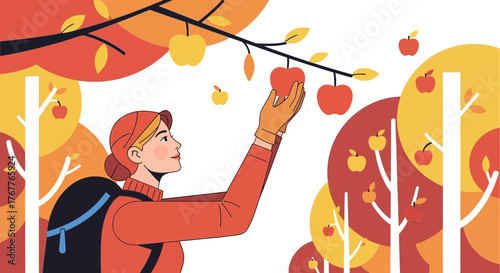 Autumnal Bounty Depicted Woman Gathering Apples Beneath Vibrant Orange Foliage