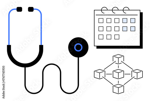 Stethoscope, calendar, and network diagram symbolize medical care coordination, scheduling, and decentralized data management. Ideal for healthcare, telemedicine, planning, technology data