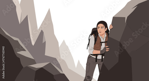 Adventurous Woman Hiking Through a Rugged Mountain Landscape and Exploring its Secrets
