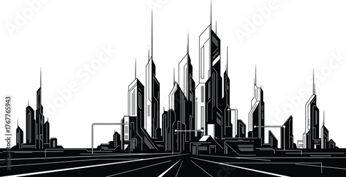 Futuristic cityscape with geometric skyscrapers, monochrome sci-fi skyline, advanced architecture, empty road, digital art, modern urban environment, high-tech vision