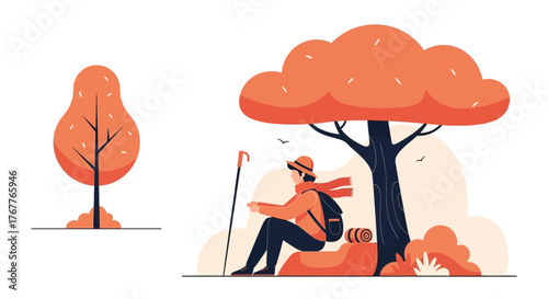 Autumnal Hiker Resting Beneath Tranquil Tree, Seeking Solitude and Embracing Nature's Embrace